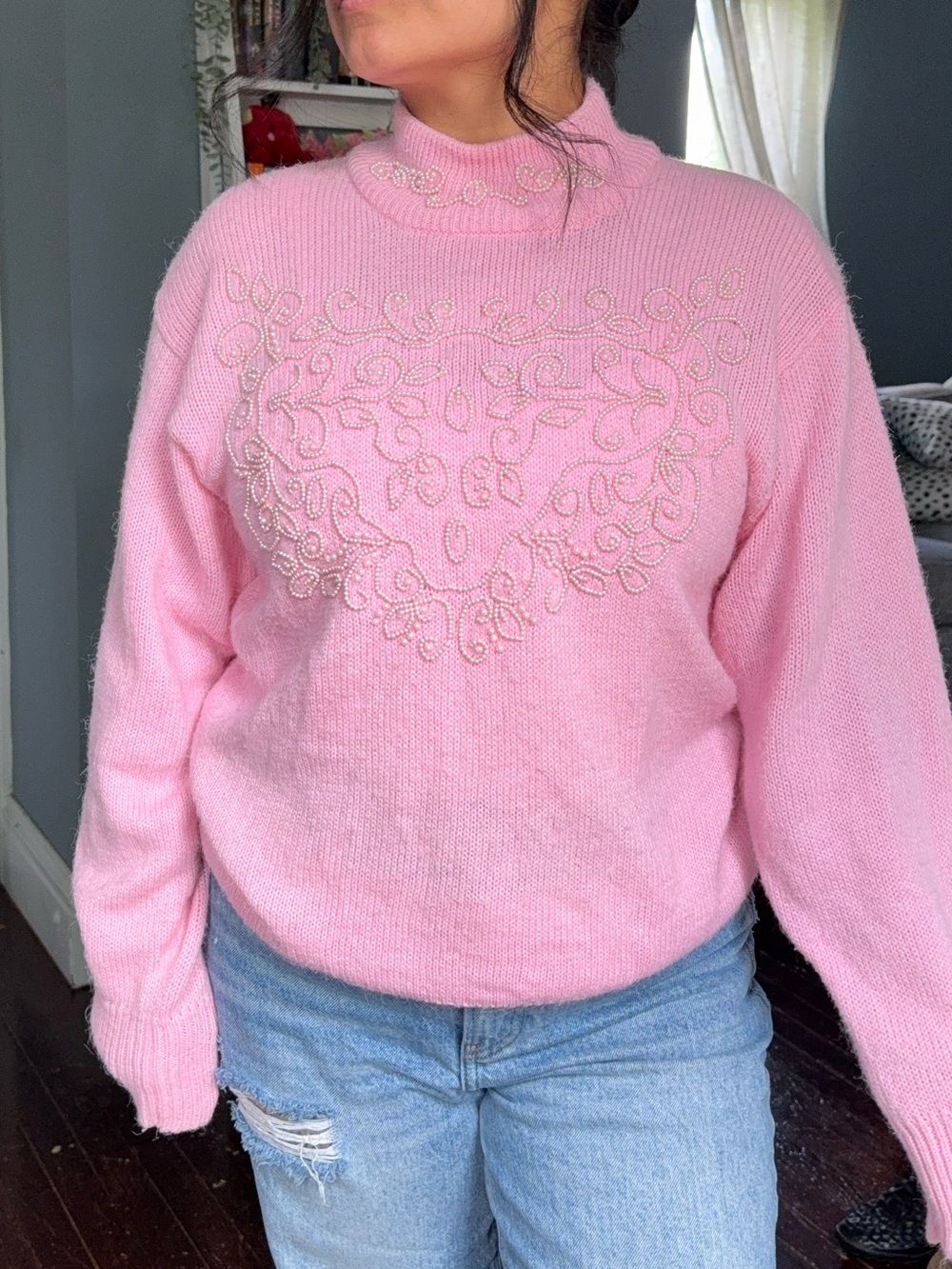 Pink Embroidered Mock-Neck Women’s Sweater